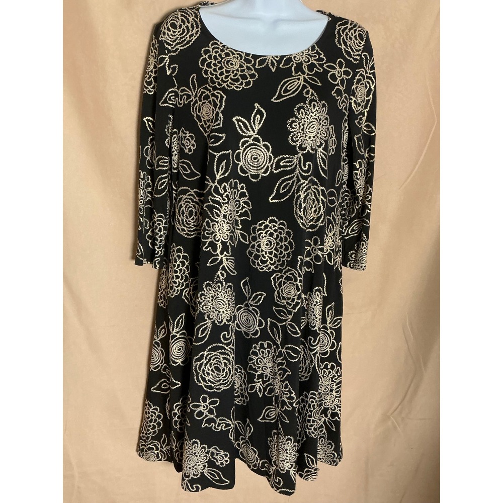 Nina Leonard Dress Womens Small Black Floral 3/4 Sleeve Excellent Scoop Neck - Picture 2 of 13